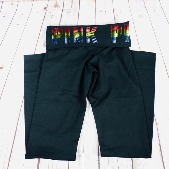 VS Pink Bling Rainbow Yoga Leggings Foldover Flare - Picture 4 of 5